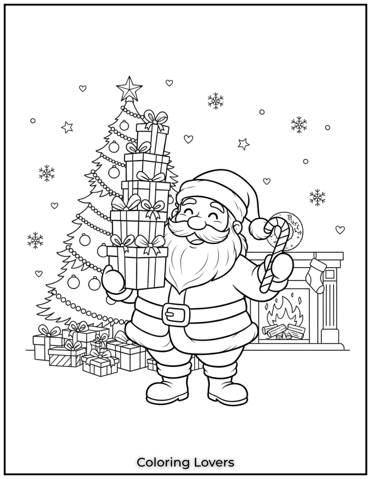 Santa holds a stack of gifts and a candy cane ready to spread holiday cheer. A simple and fun Santa Claus coloring page for everyone