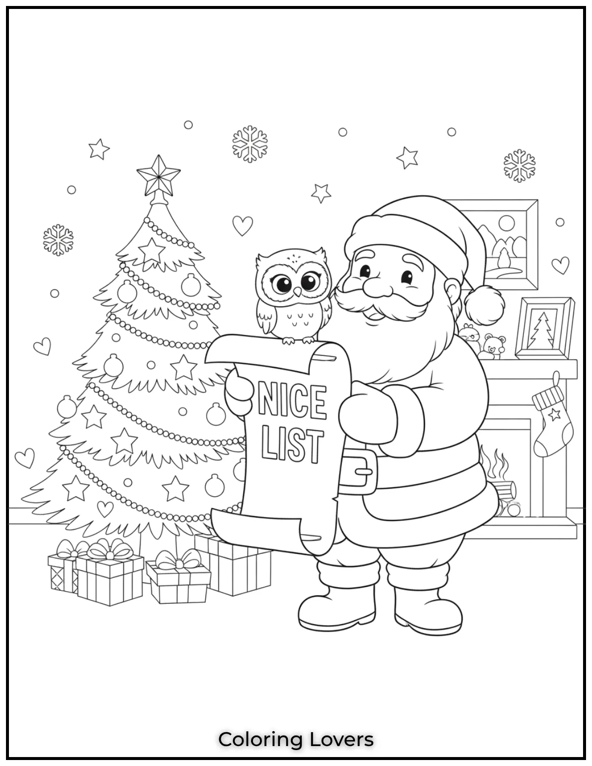 Santa holds his Nice List with an adorable owl perched by his side. A magical scene perfect for Santa coloring pages creativity