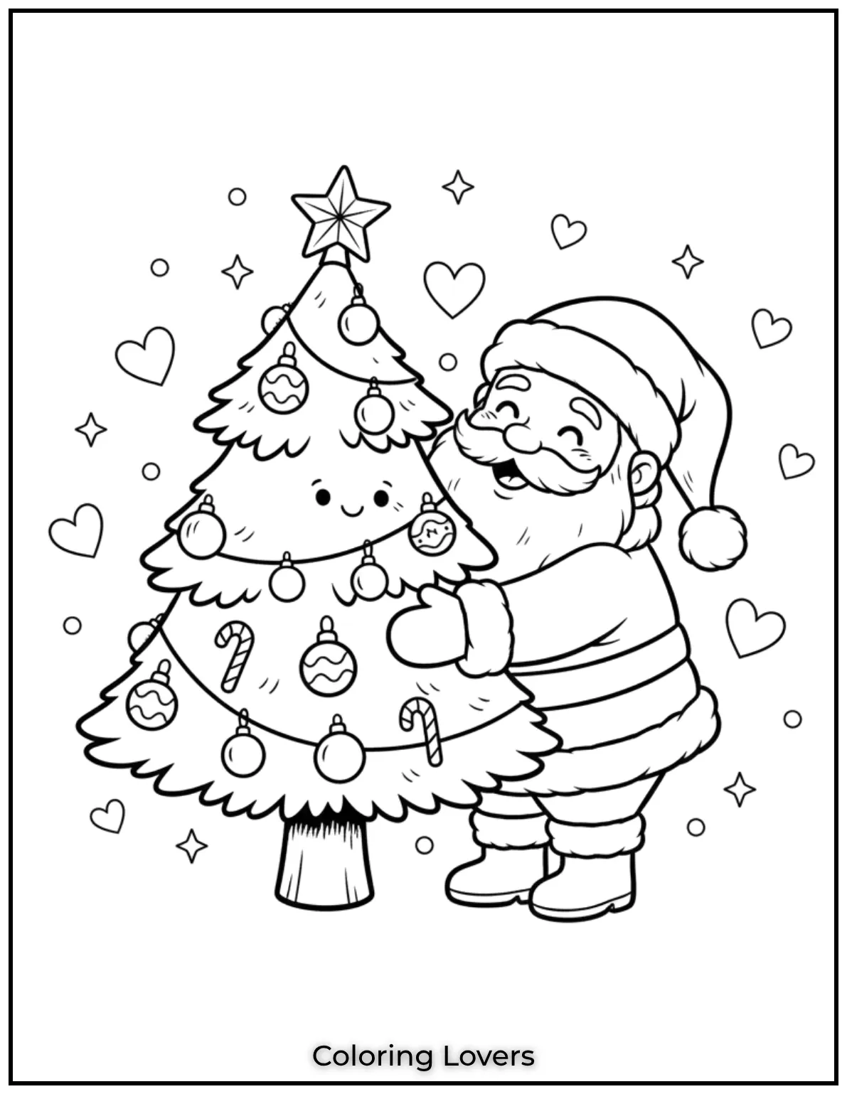 Santa hugging a cute Christmas tree filled with ornaments and surrounded by stars. A warm and fun coloring sheet for little hands 1