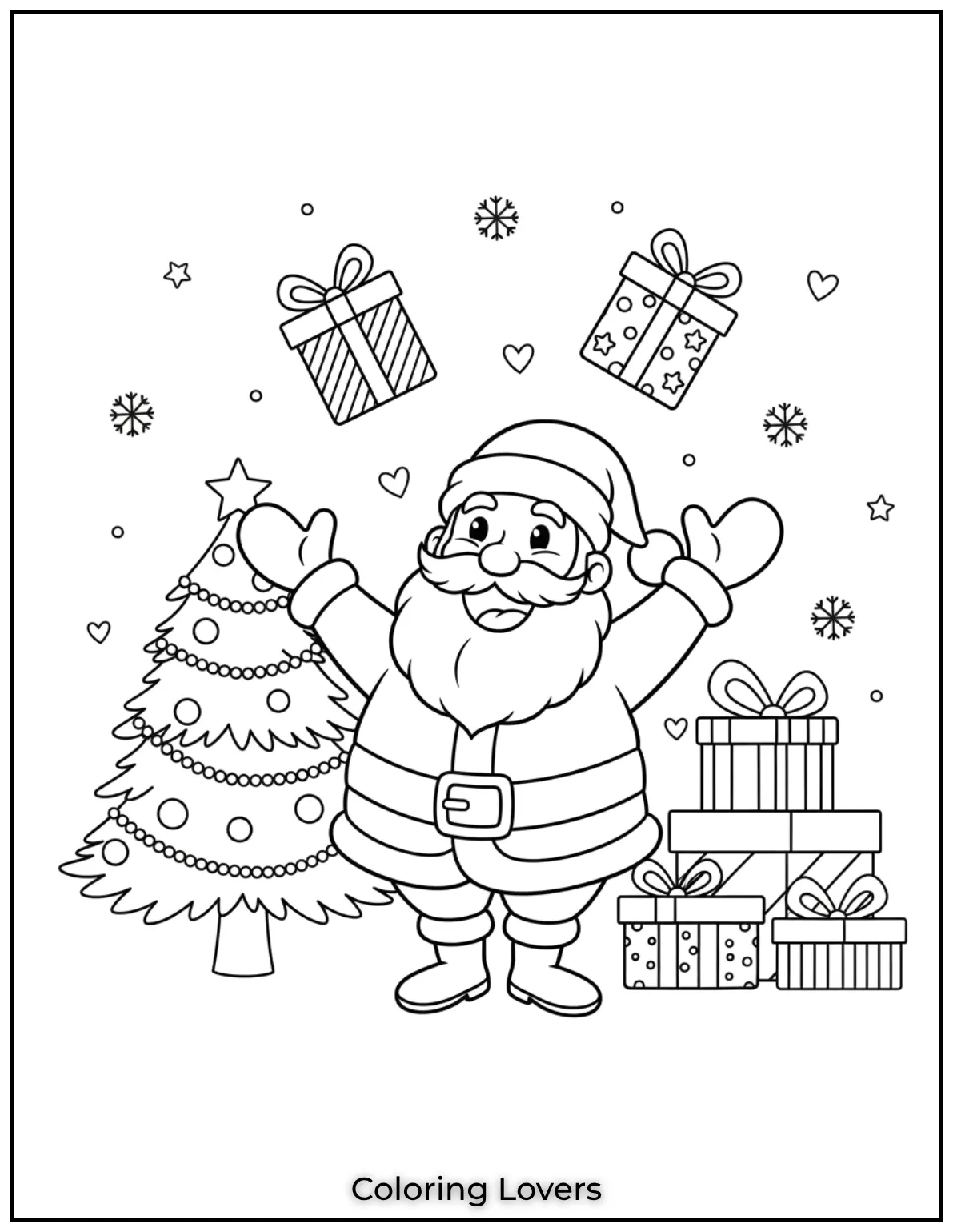 Santa juggles three festive presents in the air showing his playful side. A fun way for kids to enjoy holiday creativity while coloring