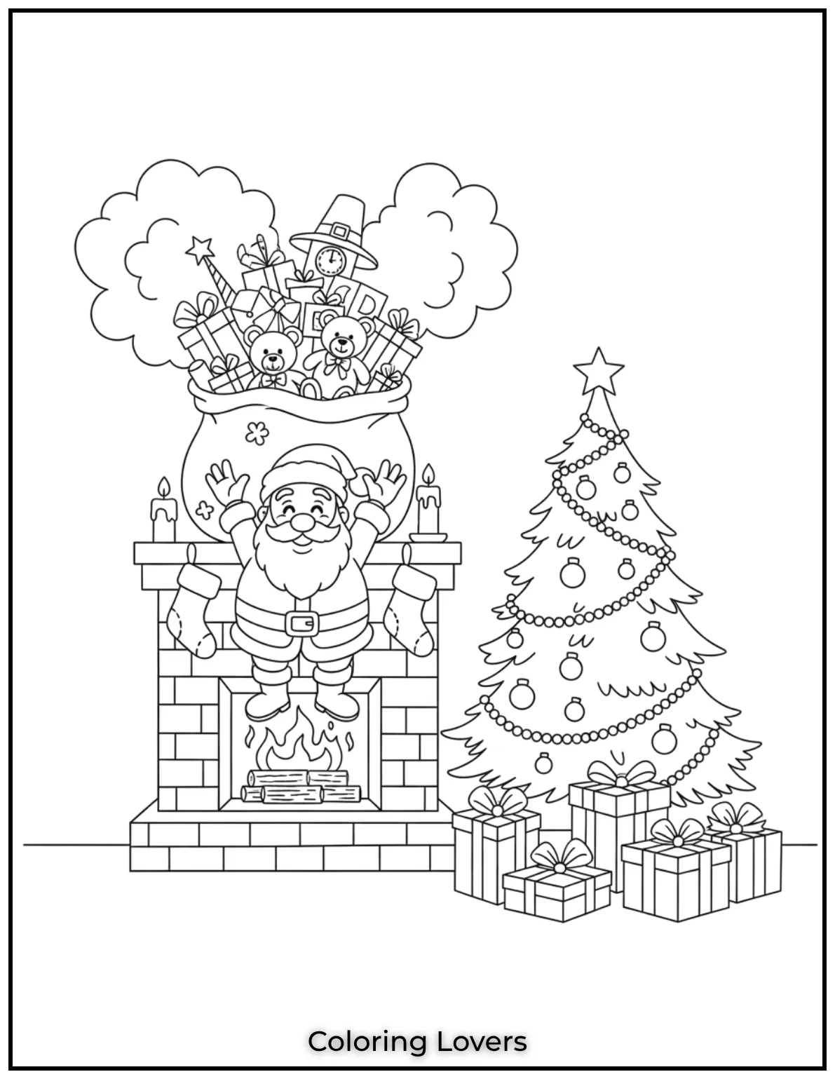 Santa playfully gets stuck in a chimney adding laughter to this magical Christmas adventure. Perfect for Santa Claus coloring pages fun 1