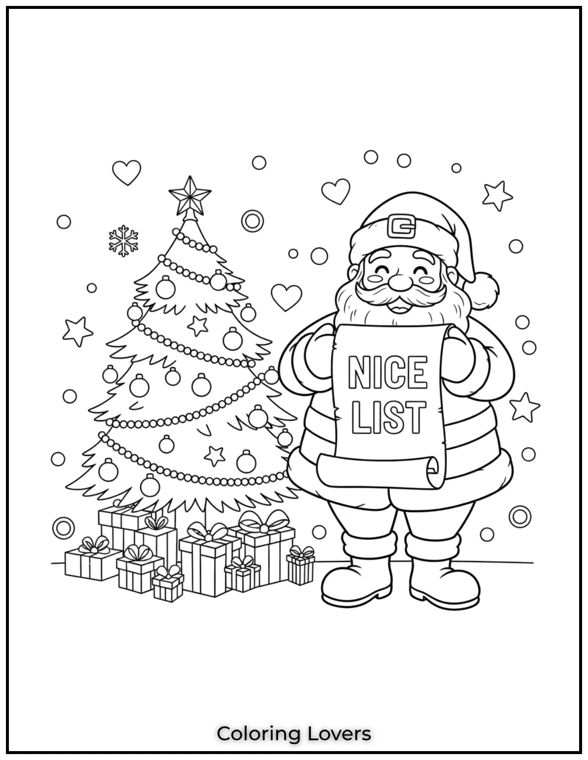 Santa proudly displays his Nice List reminding us to stay kind. A heartwarming design to color and share
