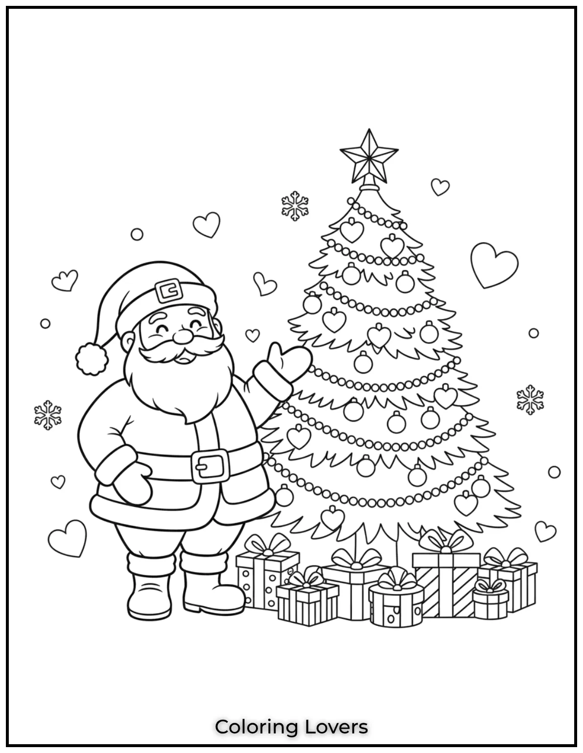 Santa proudly shows off a beautifully decorated Christmas tree with hearts and presents beneath. A joyful scene for kids to color 1