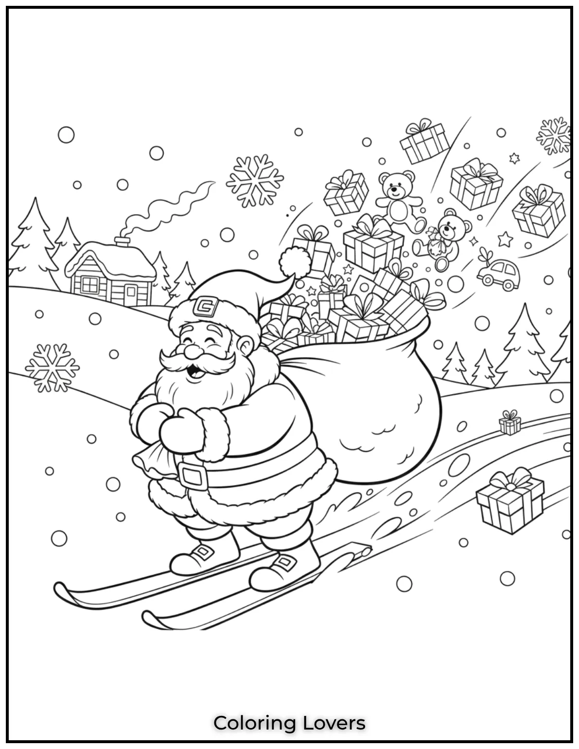 Santa races on skis with a sack of flying presents adding excitement to his magical Christmas adventure 1