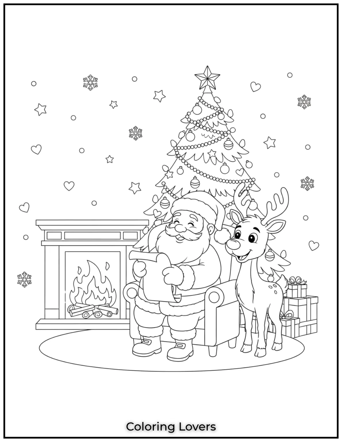 Santa reviews his list with his trusty reindeer by his side. A thoughtful moment perfect for Santa Claus coloring pages fun