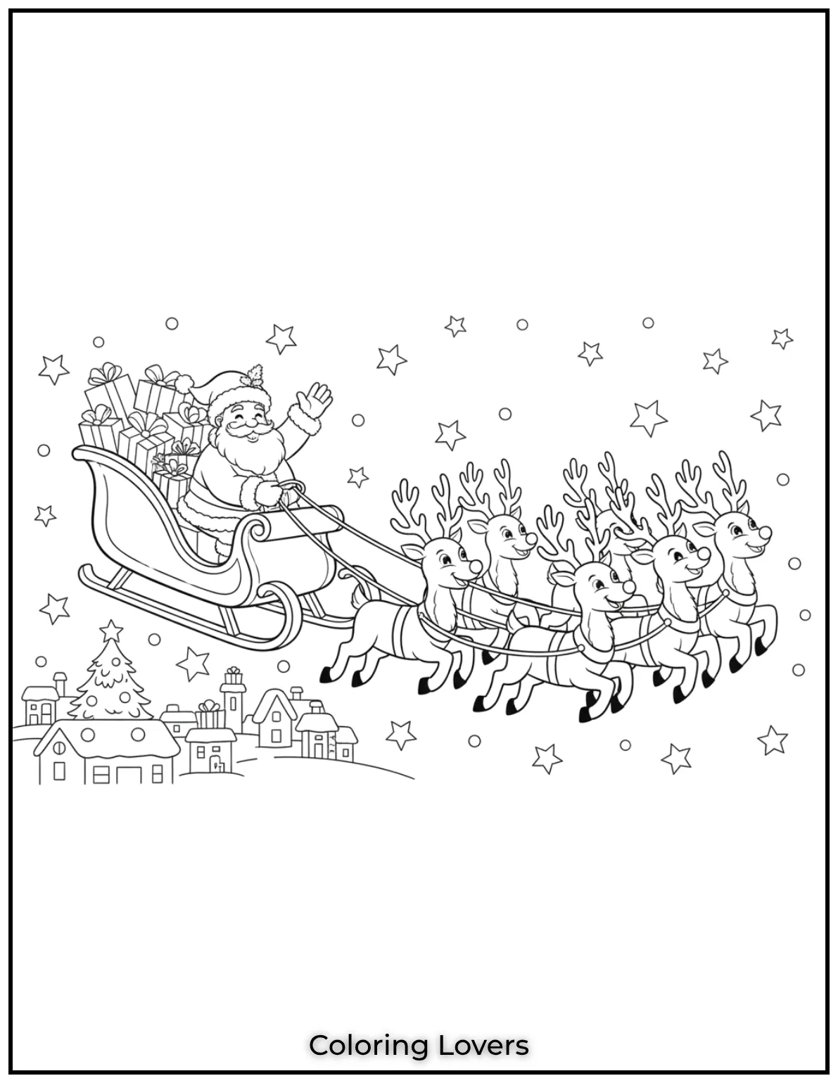 Santa rides his sleigh with cheerful reindeer leading the way. A dynamic scene for kids to enjoy coloring during the holidays