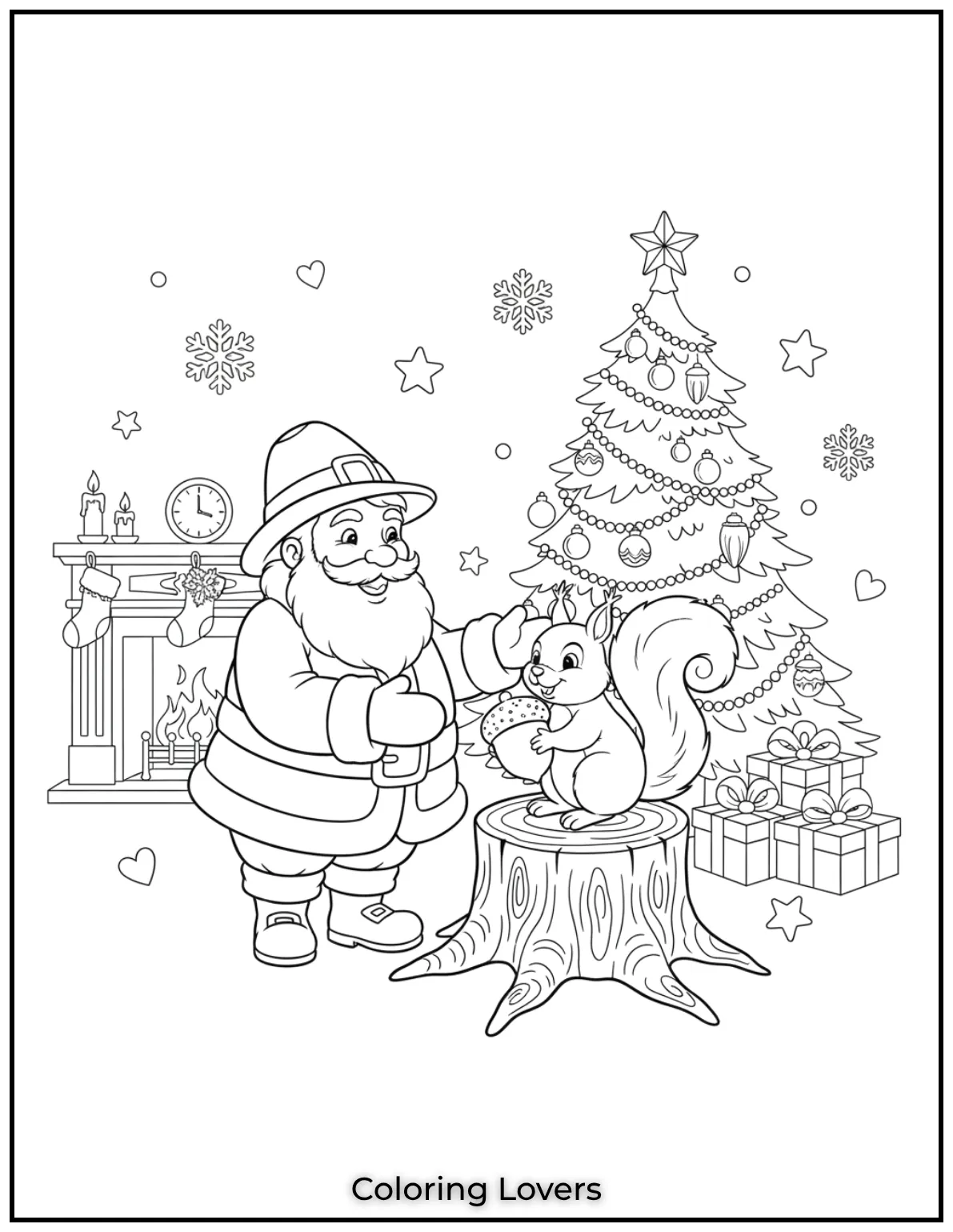 Santa shares a fun moment with a squirrel holding an acorn on a tree stump