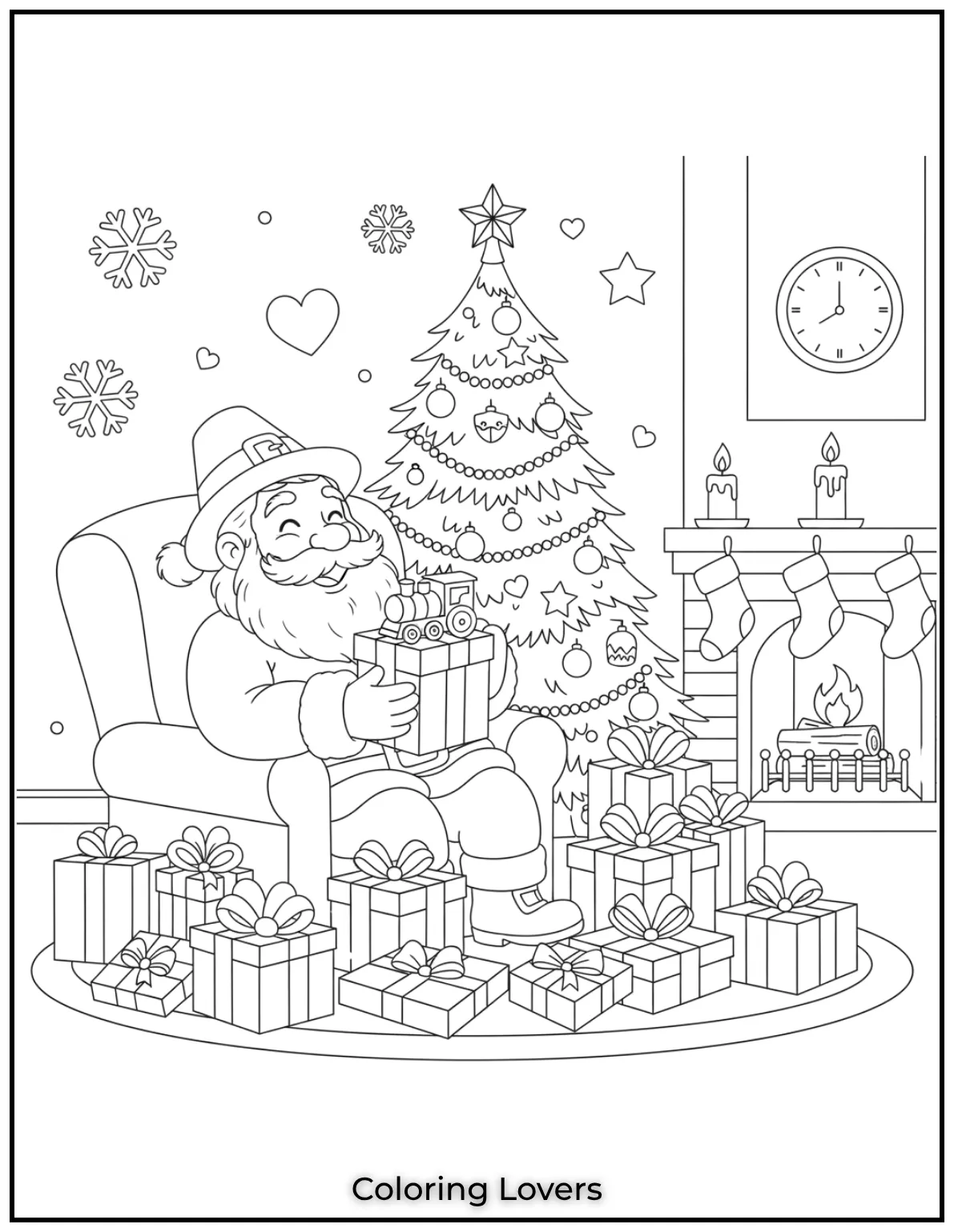 Santa sits joyfully opening gifts surrounded by holiday cheer