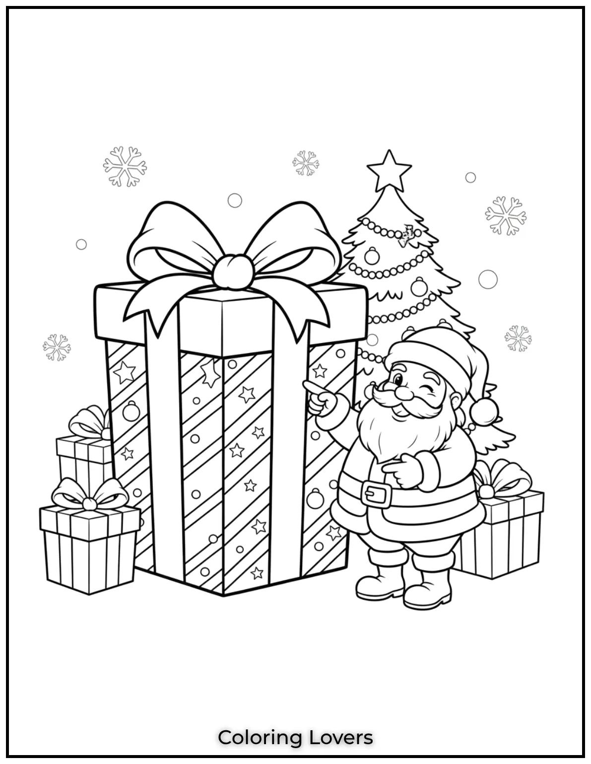 Santa stands next to a giant present reminding kids how he delivers gifts