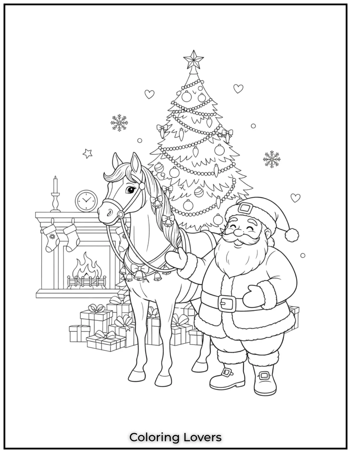 Santa stands with his beautifully adorned horse ready for a festive journey
