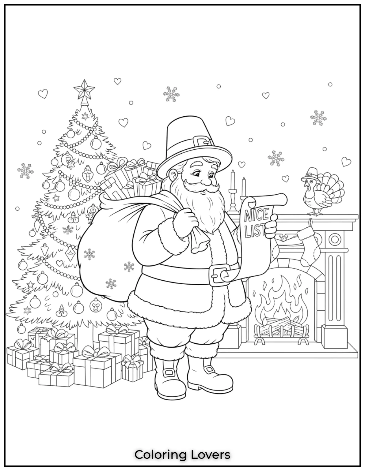 Santa takes a thoughtful moment with his gift sack deciding on his next delivery. A heartwarming addition to any Santa coloring pages