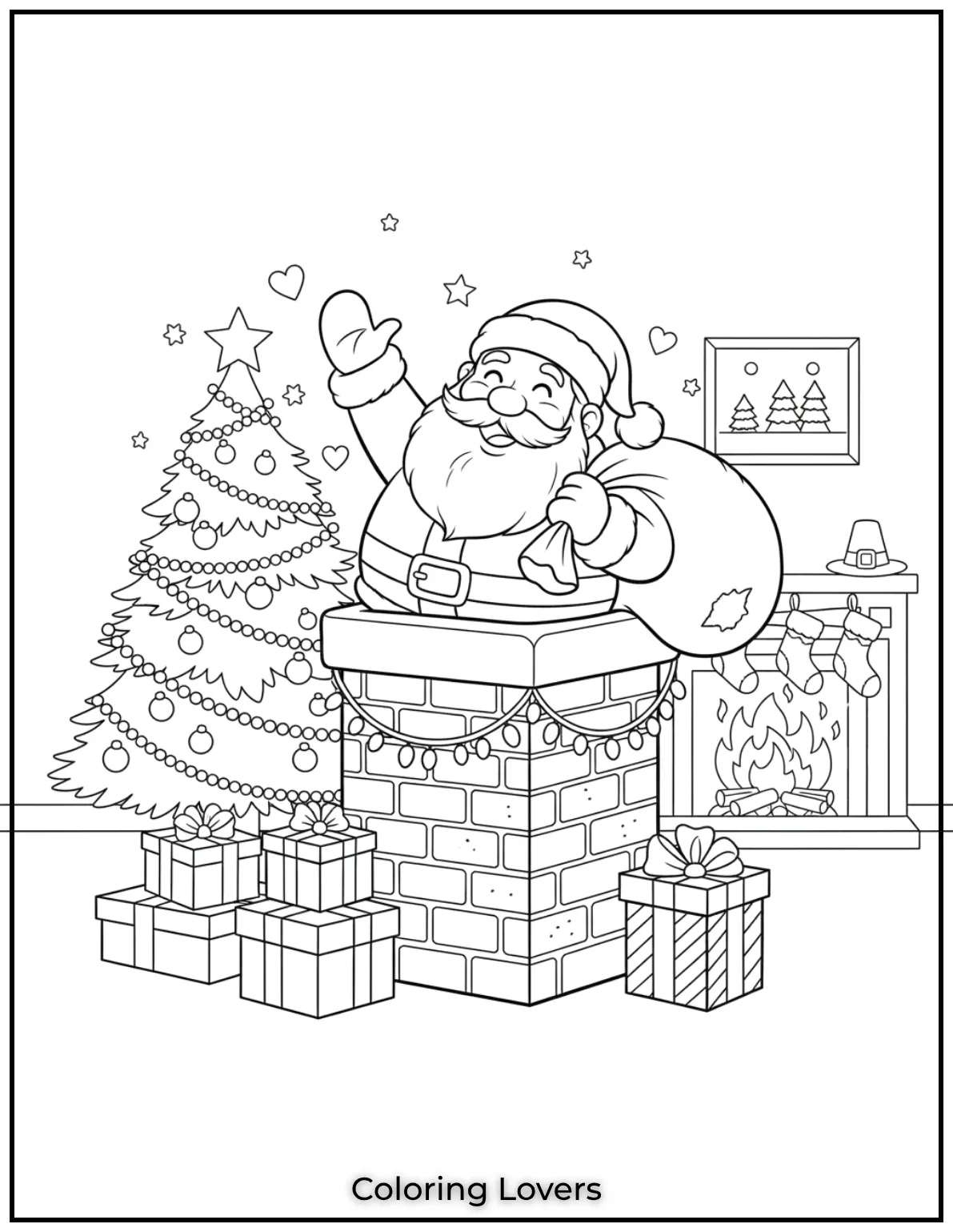 Santa waves from the chimney with his gift sack in hand. This festive scene is a must have for Santa coloring pages fans