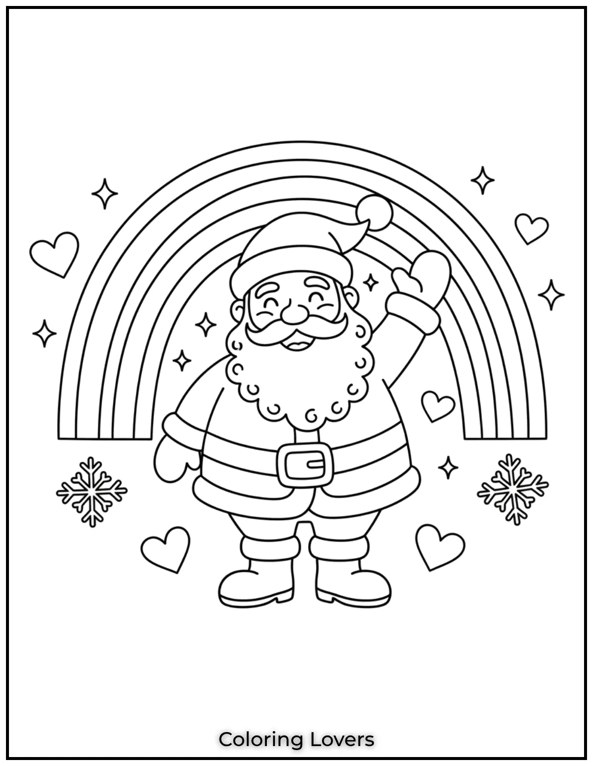 Santa waves in front of a rainbow sharing warmth and happiness with kids. A lovely way to introduce preschoolers to holiday cheer 1