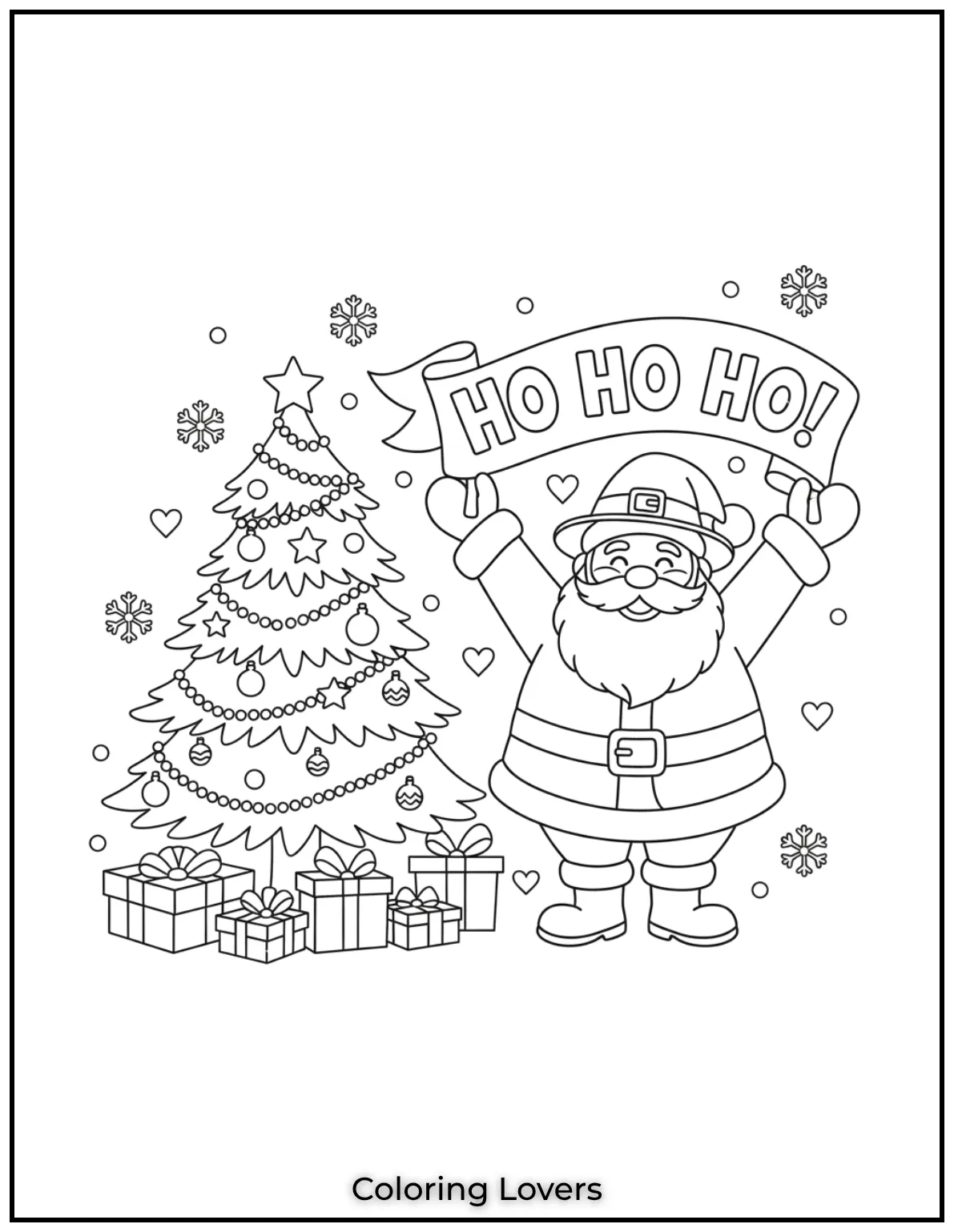 Santa with his famous Ho Ho Ho banner is sure to spread smiles. Have fun adding color to this joyful Christmas illustration
