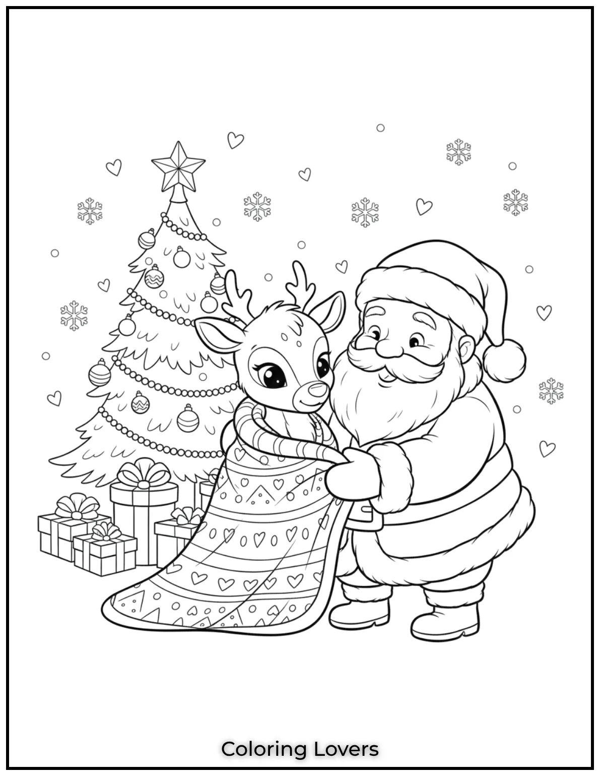 Santa wraps his reindeer in a cozy blanket spreading love and care. A heartwarming moment to bring to life with colors 1