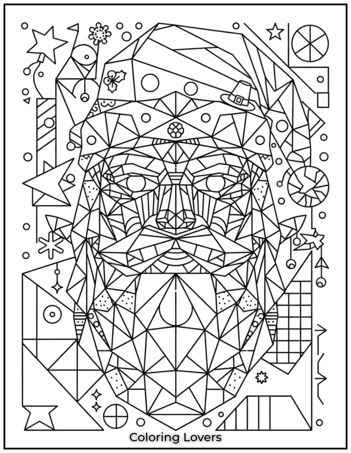 Santas face in bold geometric patterns offers a unique and creative twist for adults who love modern holiday coloring pages
