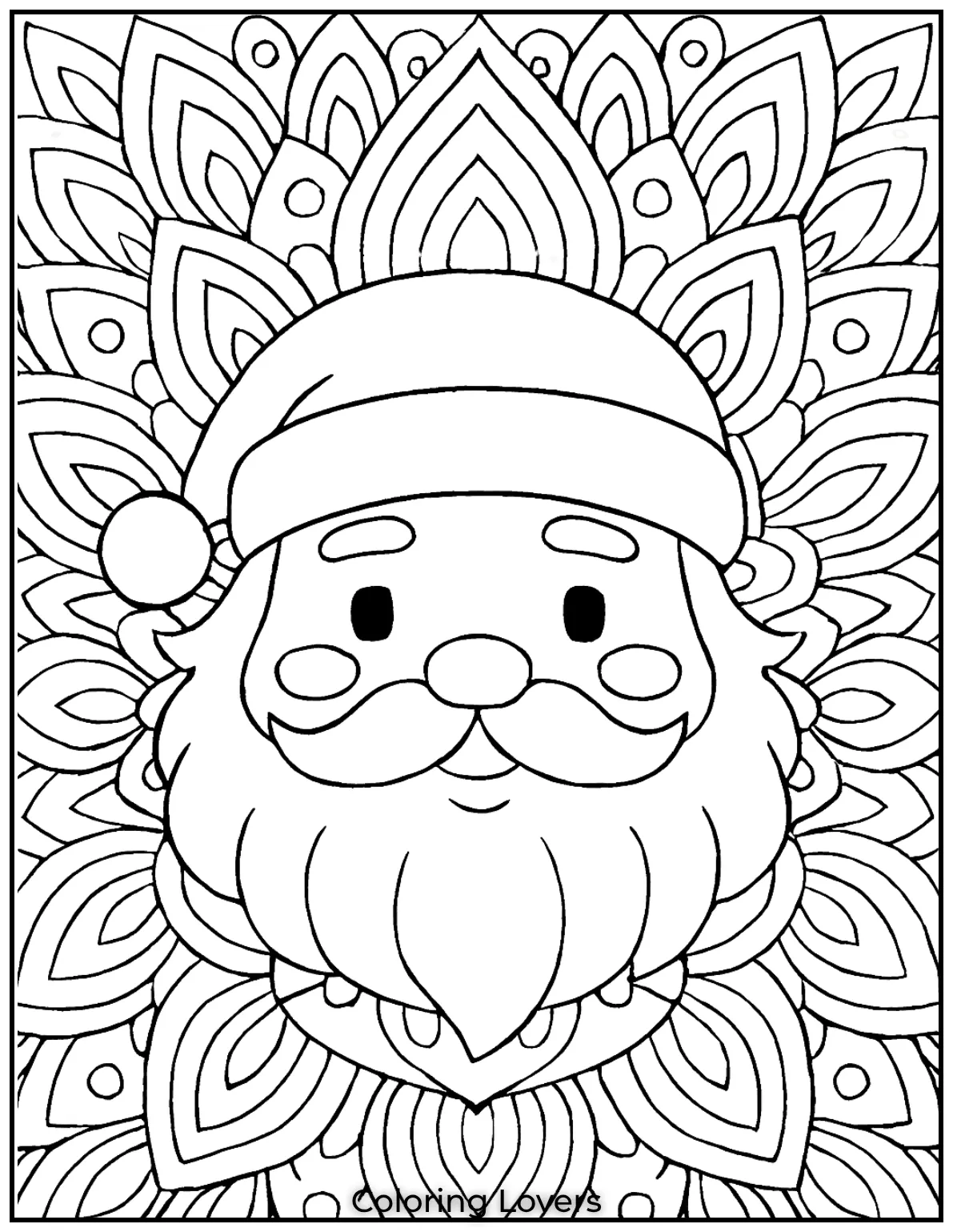 Santas face is surrounded by a mesmerizing mandala design perfect for adults seeking a meditative coloring experience this holiday season