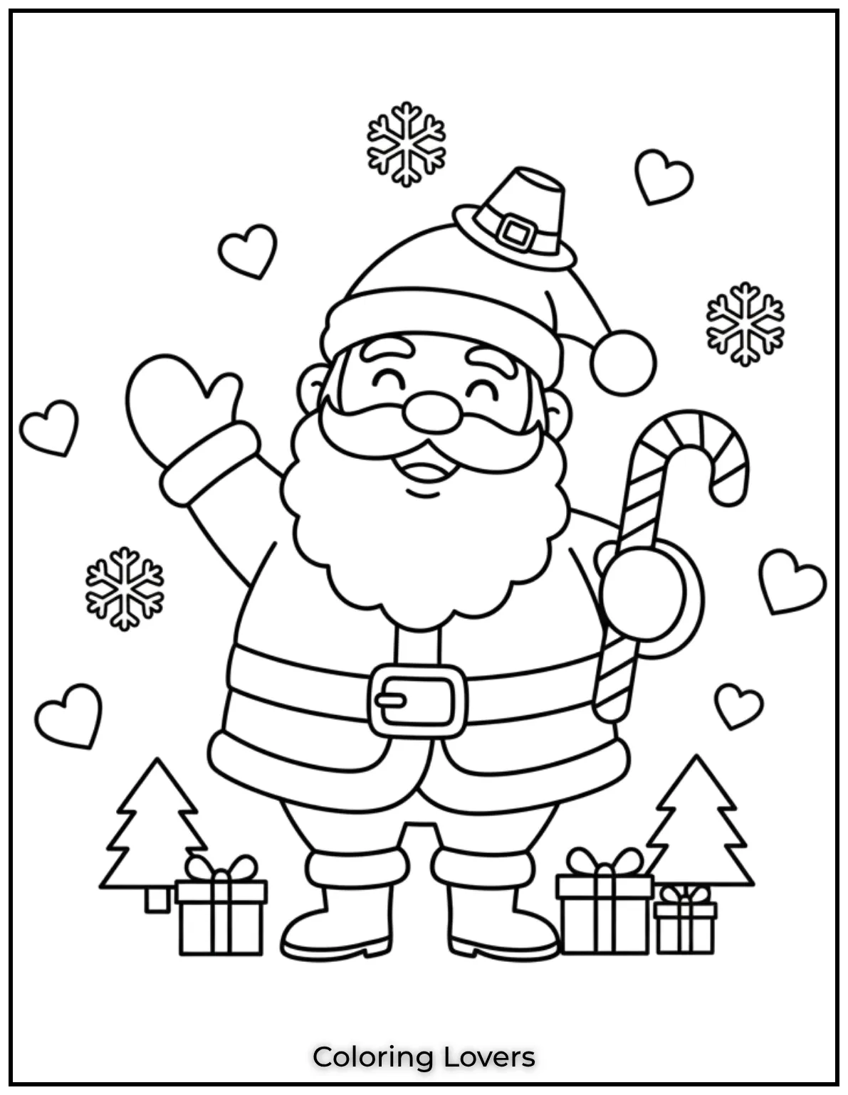 Santas holding a candy cane sharing his sweet holiday spirit. This Santa Claus coloring page adds Christmas magic for kids to enjoy 1