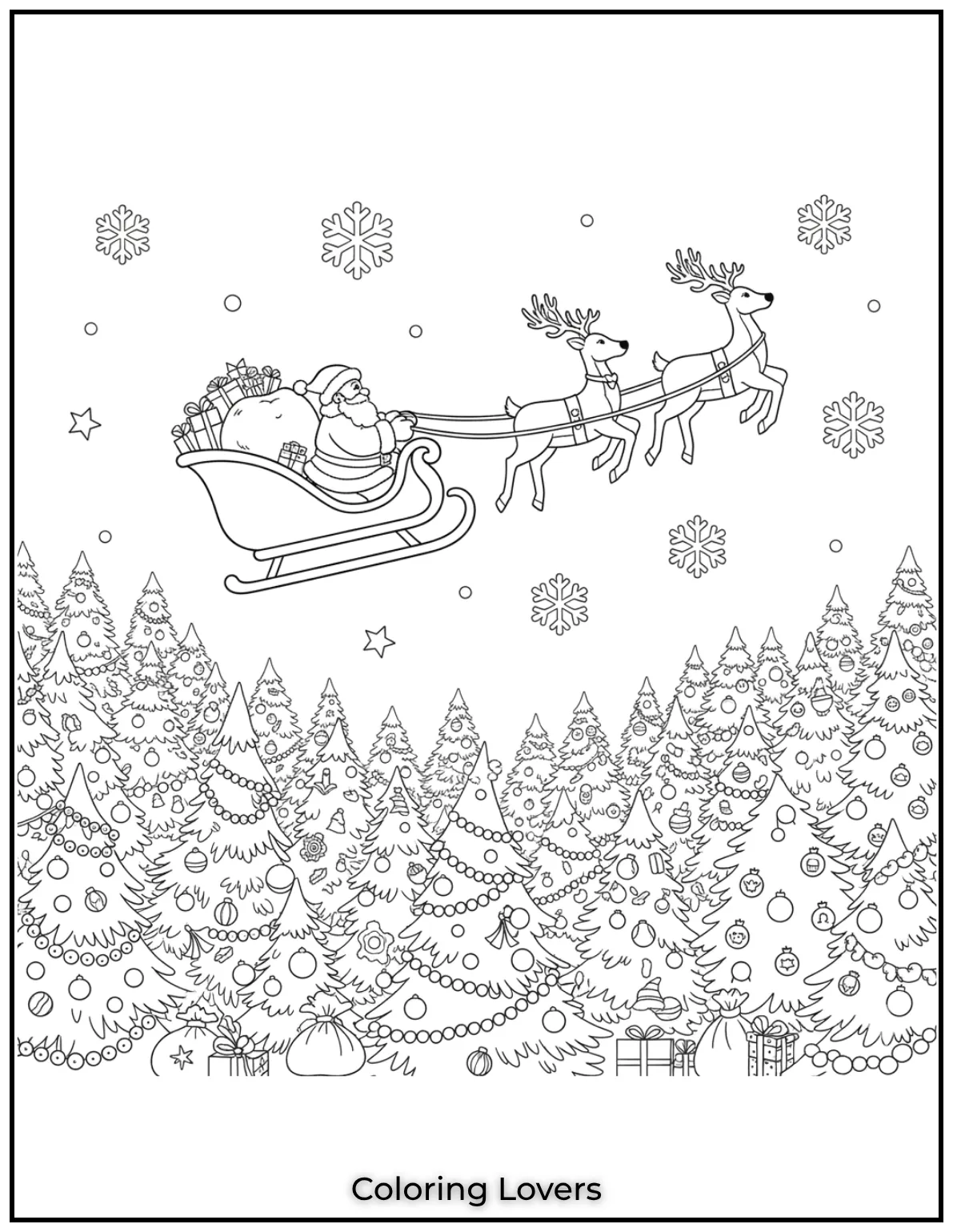 Free Printable Christmas Tree Coloring Pages 26 Santas on his way to deliver gifts surrounded by beautiful Christmas trees