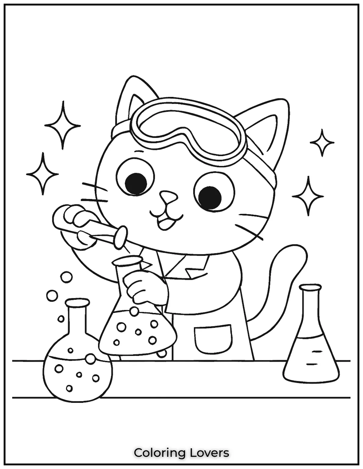 Kitten Coloring Pages – Free, Fun for Kids 43 Scientist Cat mixes bubbling potions sparks glowing brightly goggles slipping slightly. A magical science experiment makes this such a unique coloring page