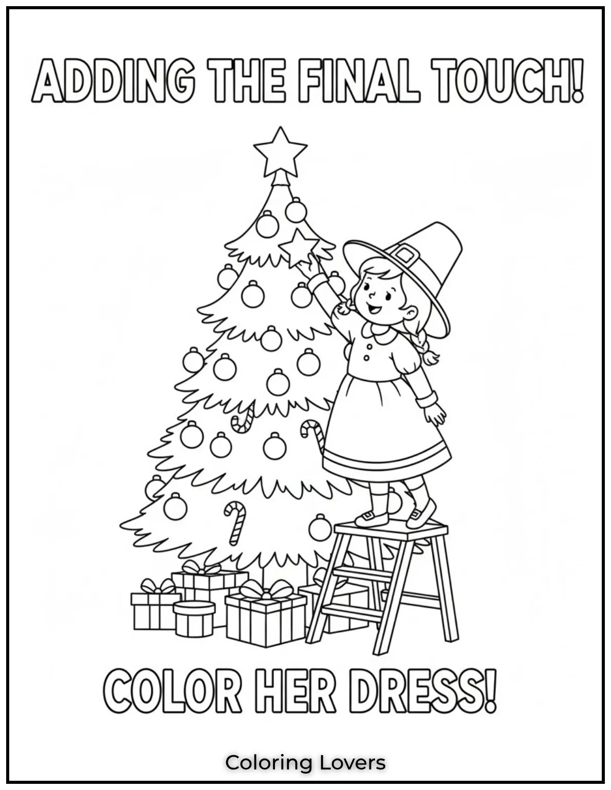 Free Printable Christmas Tree Coloring Pages 6 Shes adding the final touch to the Christmas tree with a star