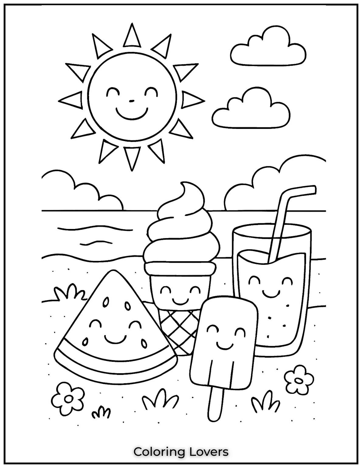 Summer Coloring Pages for Kids and Adults 4 Smiling summer treats under the sun in a cheerful outdoor setting