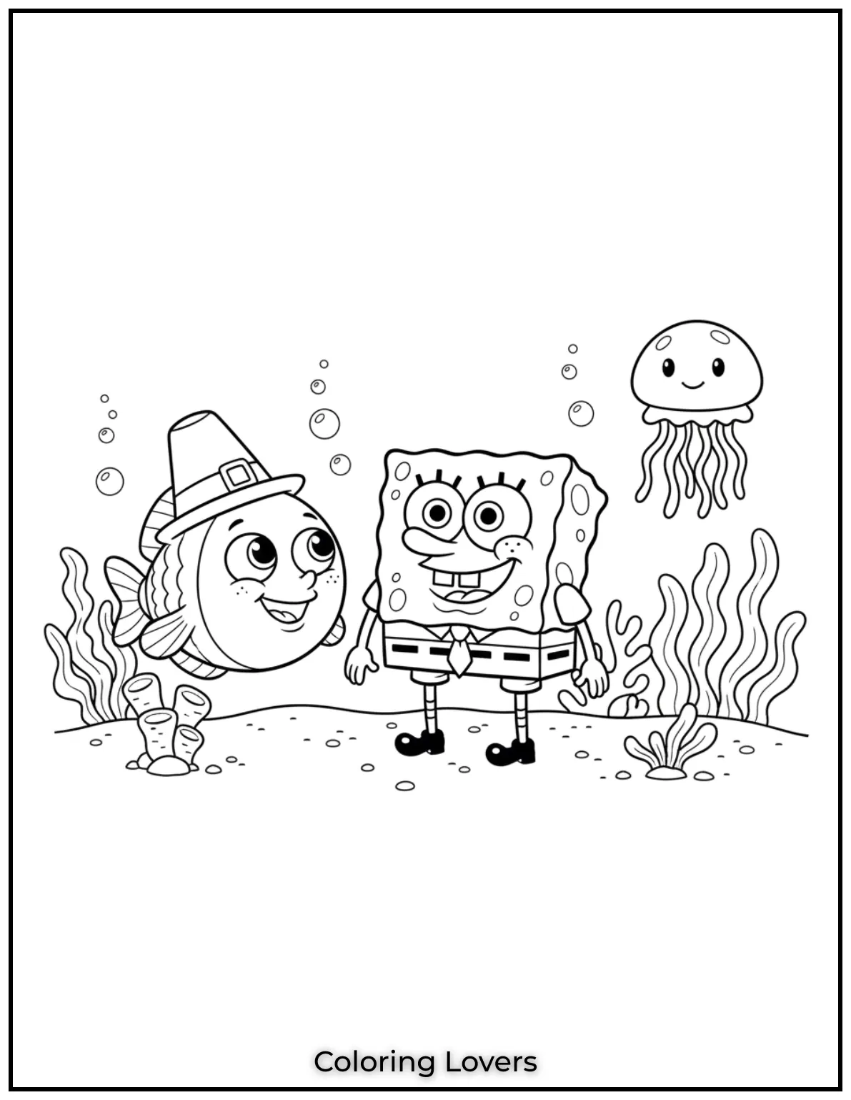 Fish Coloring Pages That Are Free to Downloads 36 SpongeBob smiles beside a big eyed fish and jellyfish. A fun undersea scene perfect for kids imaginations