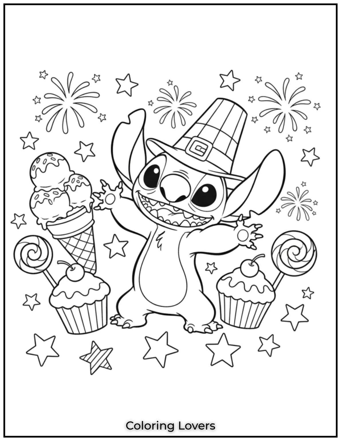 Stitch celebrates in a striped hat with sweet treats and stars all around. This 4th of July scene sparkles with fun