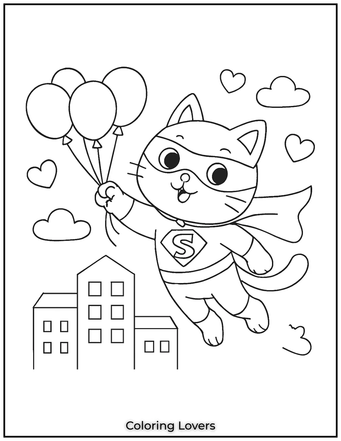 Kitten Coloring Pages – Free, Fun for Kids 41 Superhero Cat soars above rooftops cape fluttering saving balloons and hearts. A brave and joyful superhero adventure awaits on this coloring page
