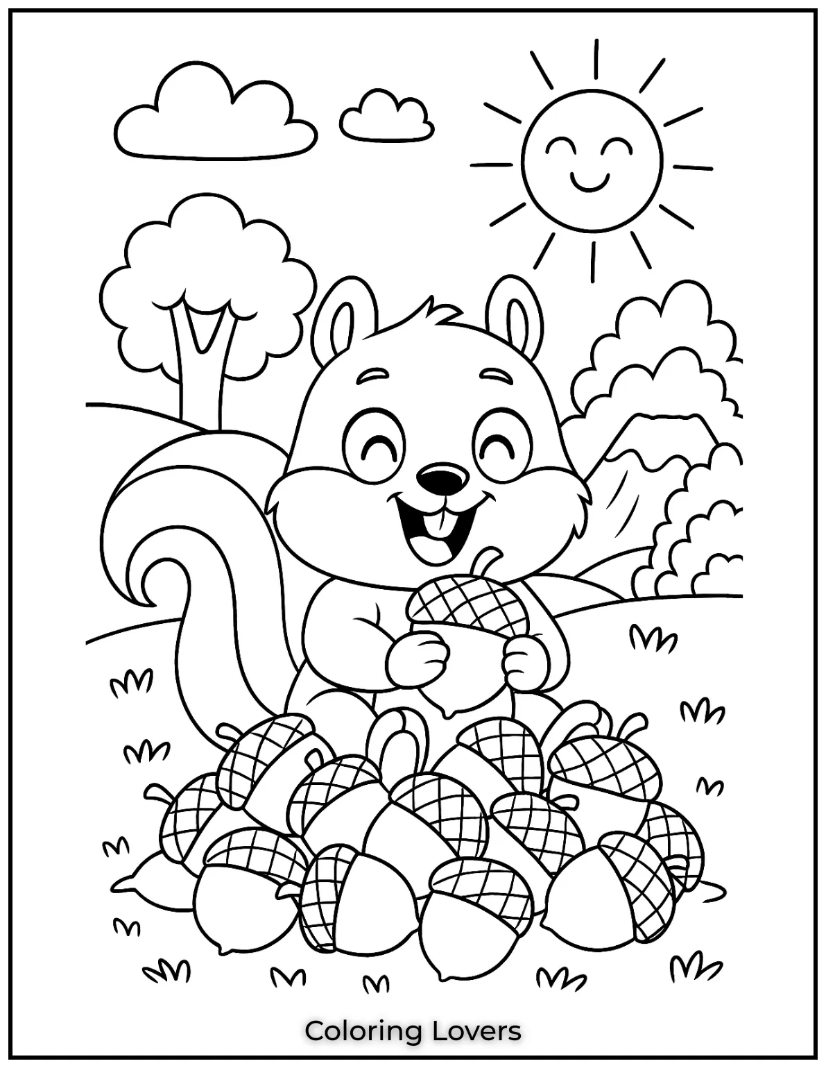 Surrounded by a mountain of acorns this happy squirrel is getting ready for winter. I wanted to capture its joy in finding all its treasures