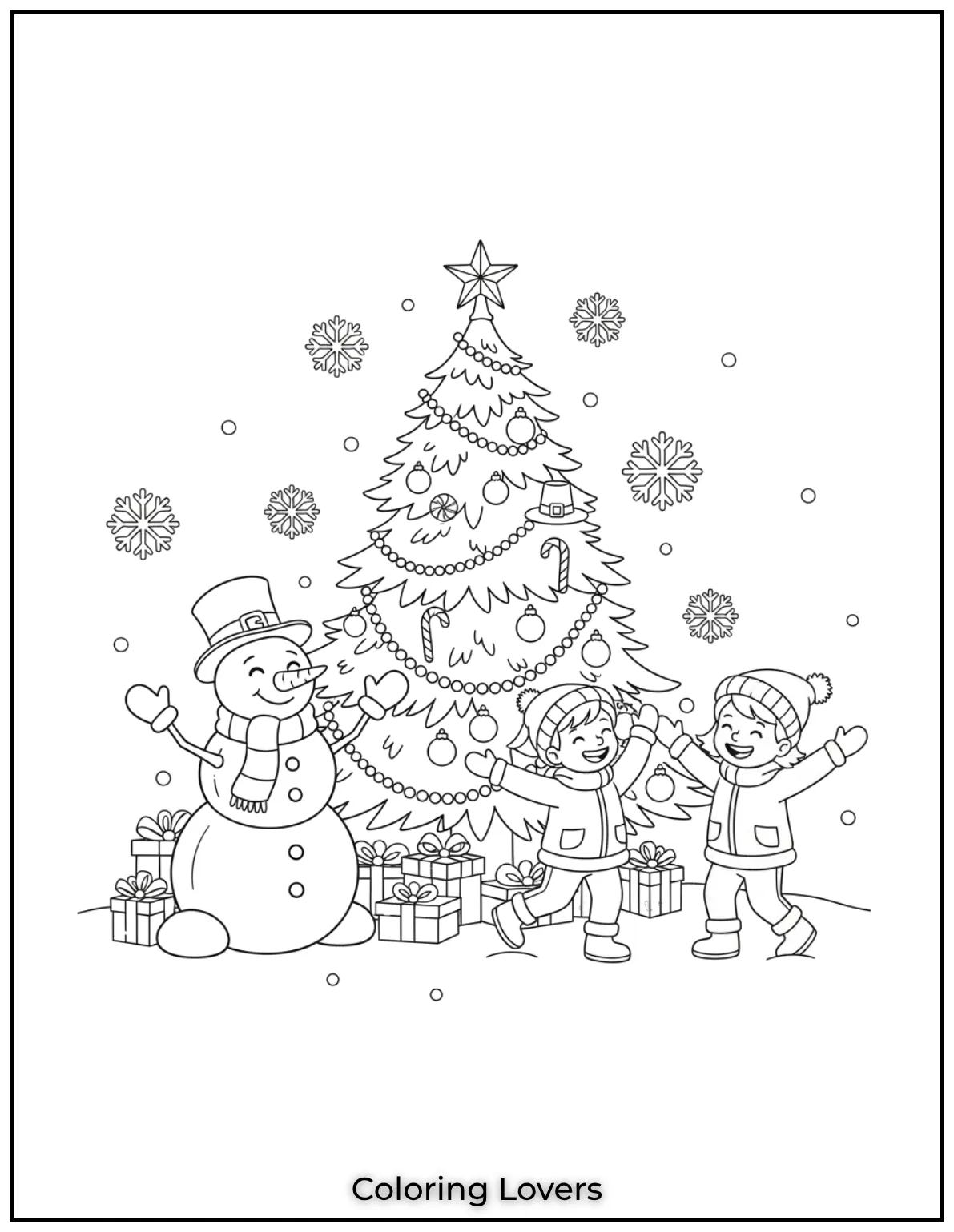 Free Printable Christmas Tree Coloring Pages 31 The children are full of joy dancing around the snowman and Christmas tree