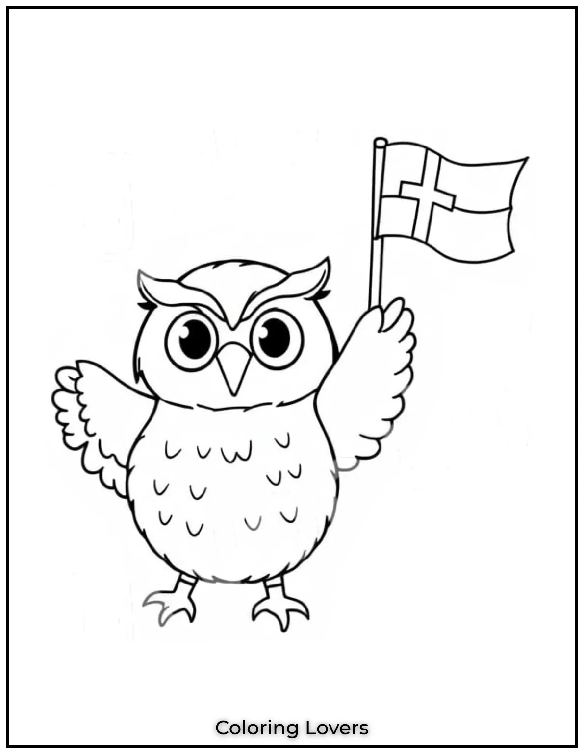 The owl waves a flag with a bright look under the sky. A sweet and festive scene to color