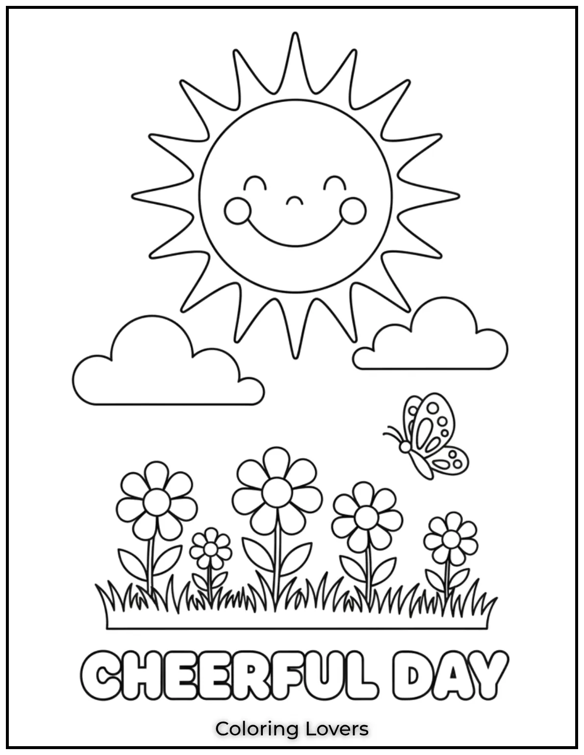 The smiling sun shines over blooming flowers and a fluttering butterfly. A cheerful scene for little artists