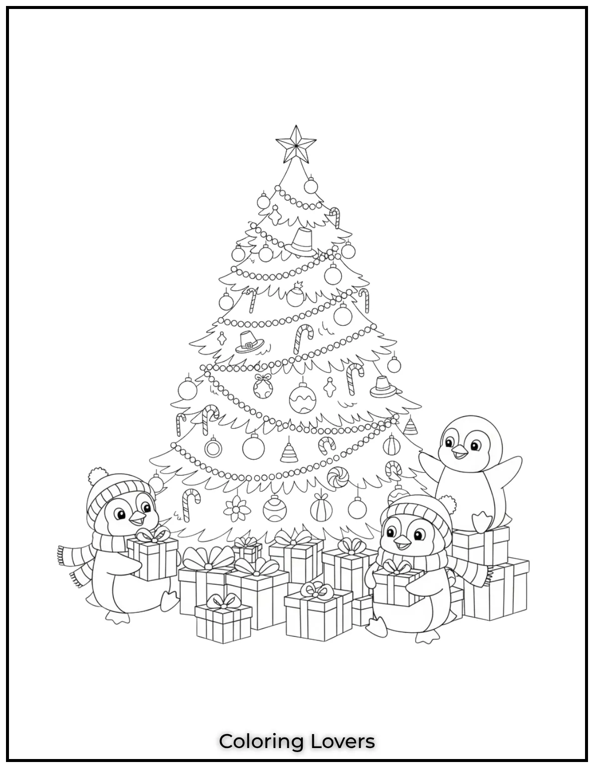 Free Printable Christmas Tree Coloring Pages 20 These adorable penguins all bundled up look so happy with their gifts under the tree