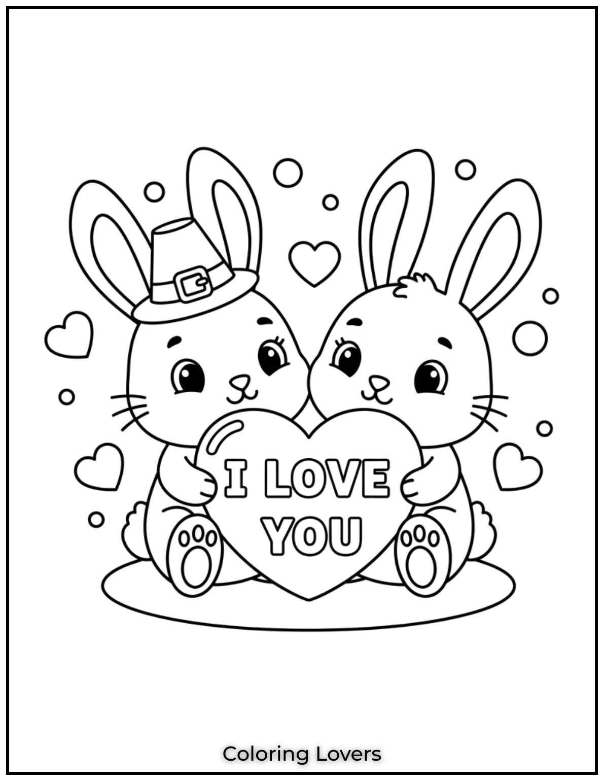 These cute bunnies holding a heart under I Love You create a sweet and cheerful Valentines vibe. Perfect for kids to color and share love