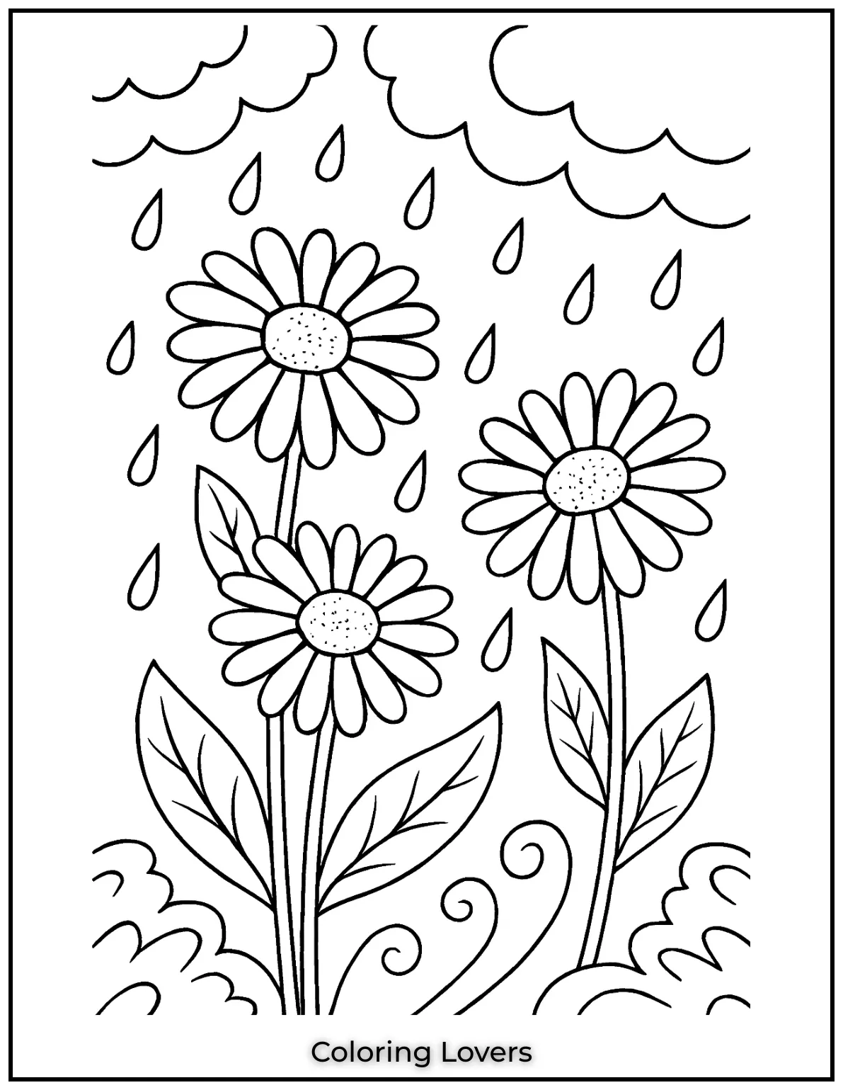 These daisies are standing tall even in the rain. I created this scene to show the beauty of nature no matter the weather and its a fun coloring page for girls
