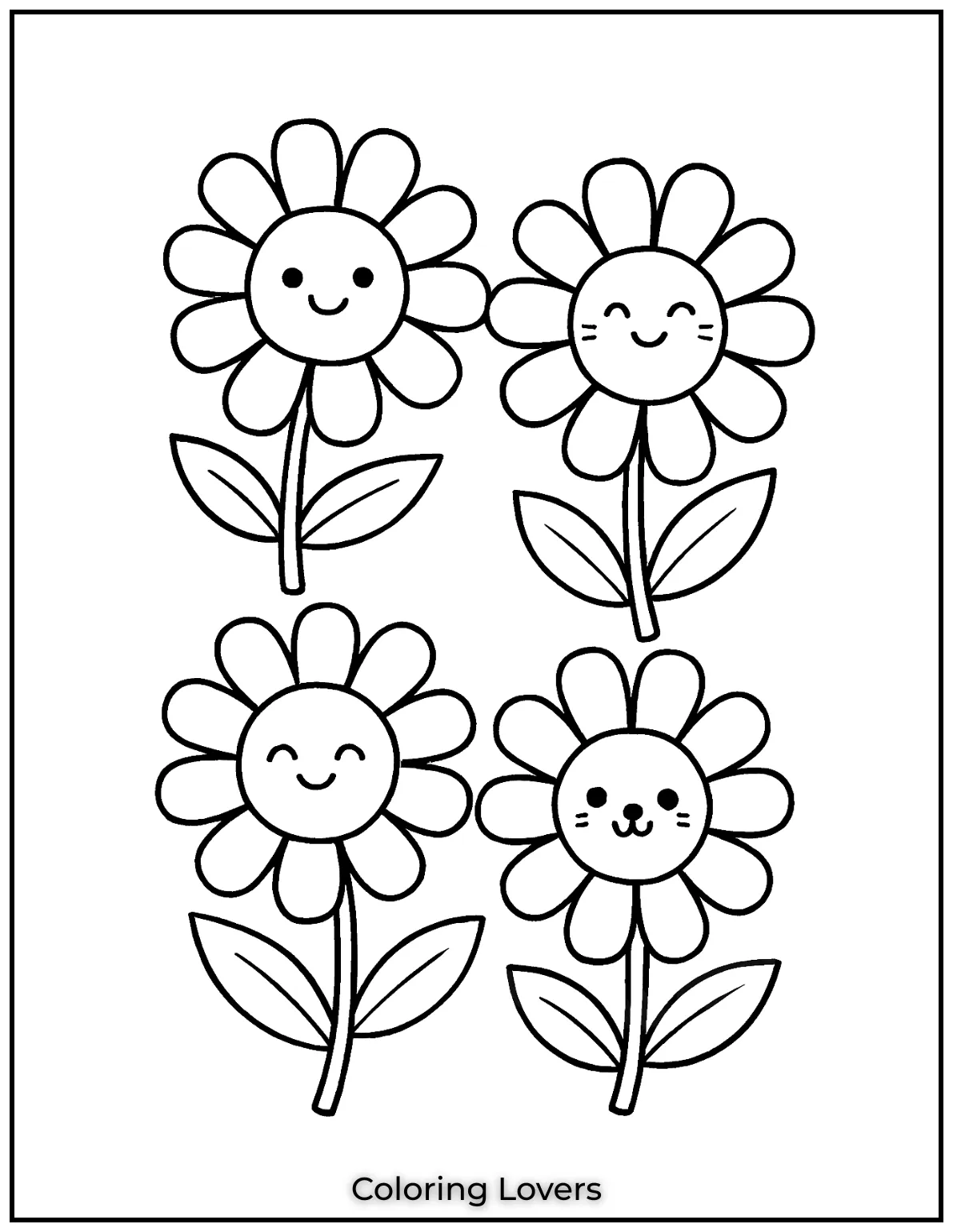 These four adorable daisies are here to make coloring fun for kids I designed them with different smiles to encourage creativity and bring joy