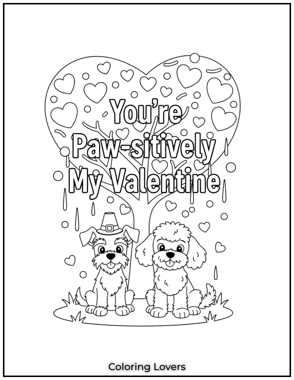These playful dogs sitting under a heart filled tree say Youre Paw sitively My Valentine and make a cheerful Valentines page