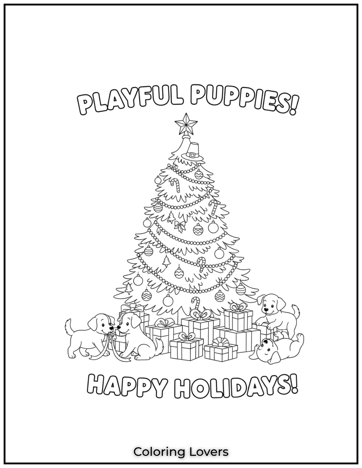 Free Printable Christmas Tree Coloring Pages 11 These playful puppies are having so much fun around the Christmas tree