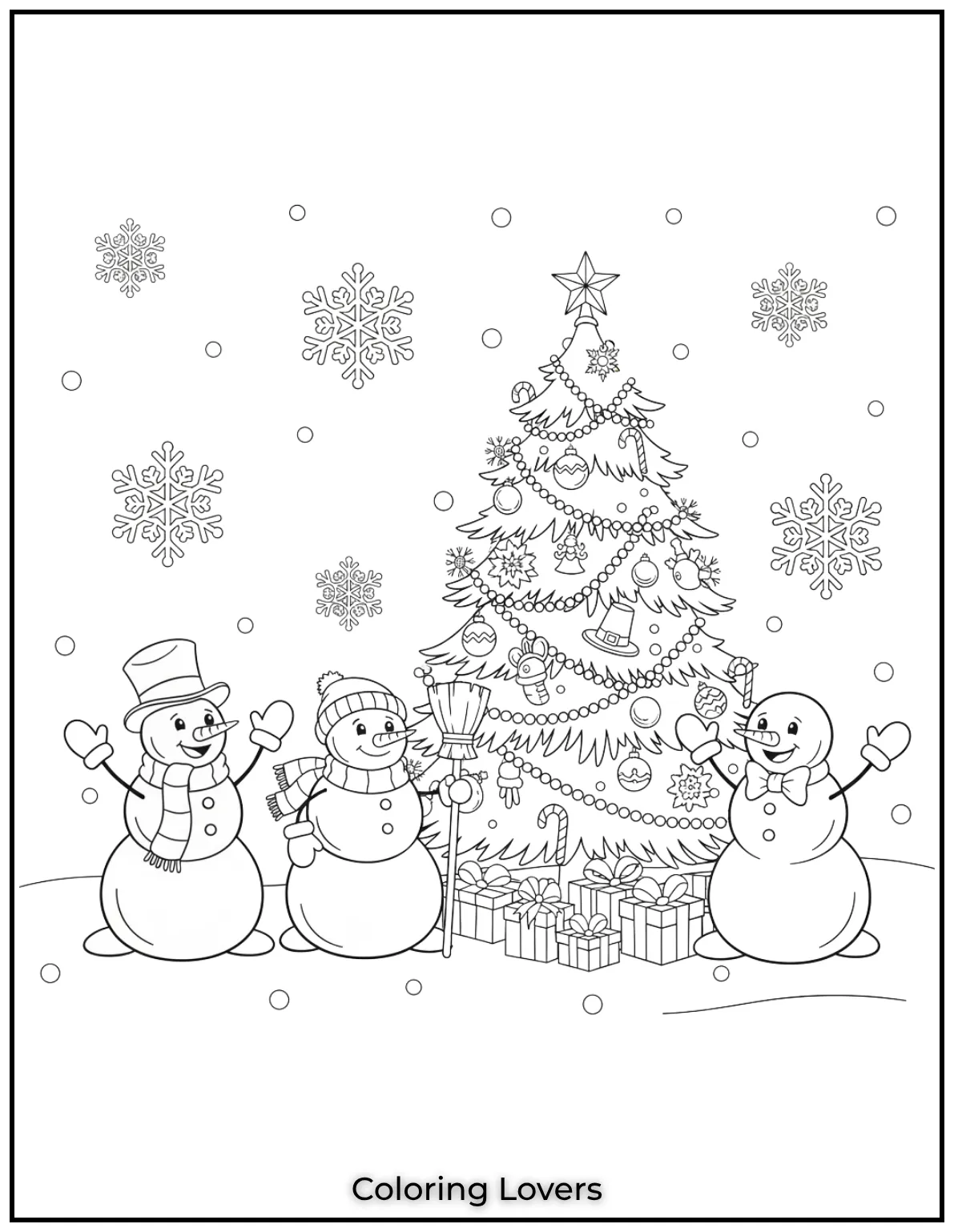 Free Printable Christmas Tree Coloring Pages 32 These three snowmen are having a great time in the snow next to a beautifully lit Christmas tree