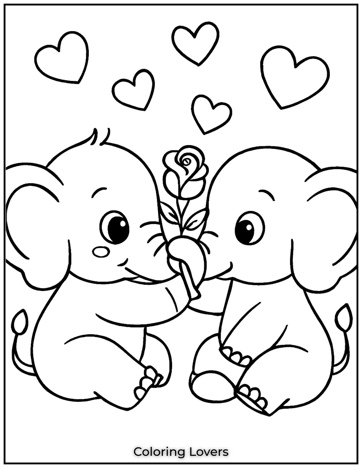 Unique Elephant Coloring Pages for Kids 9 These two adorable elephants holding a rose with their trunks and surrounded by hearts make for such a sweet coloring page 1