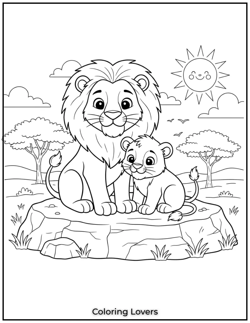These two lions snuggled up on a rock make such a sweet scene. Download this lion coloring page and let your creativity flow