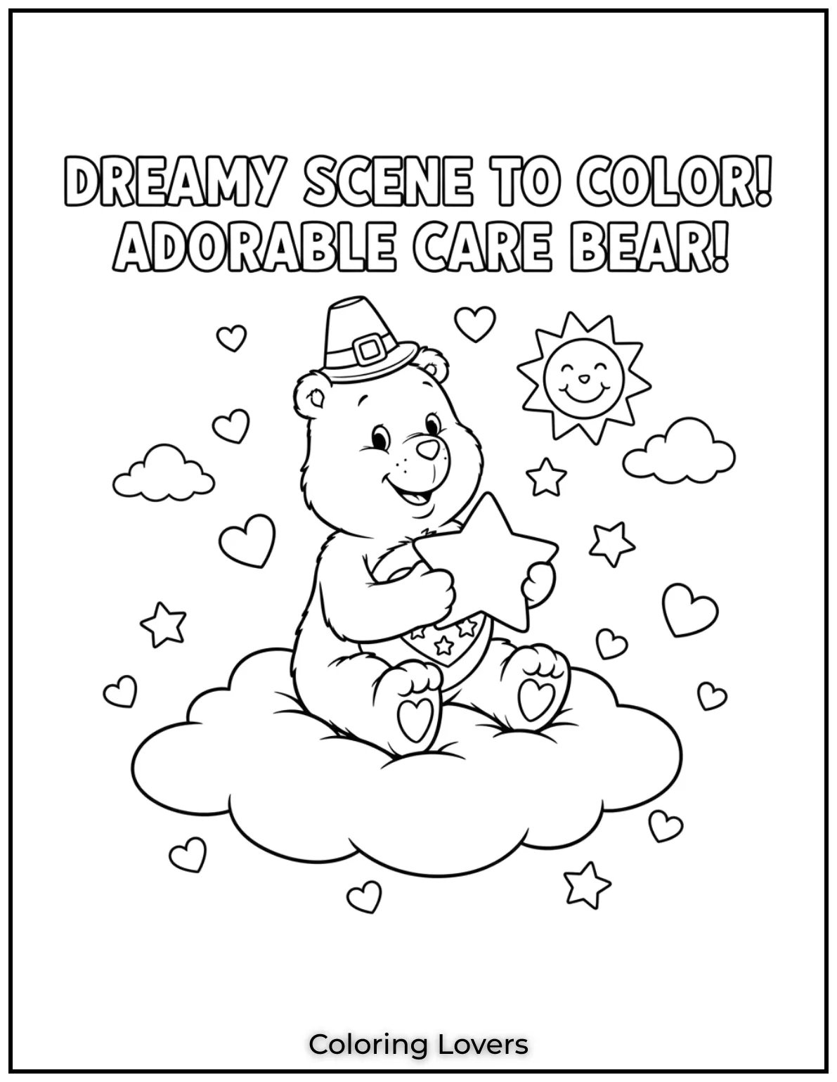 Cute and Classic Pooh Bear Coloring Pages 22 This adorable Care Bear sits on a fluffy cloud holding a star with a big smile. A dreamy scene to color