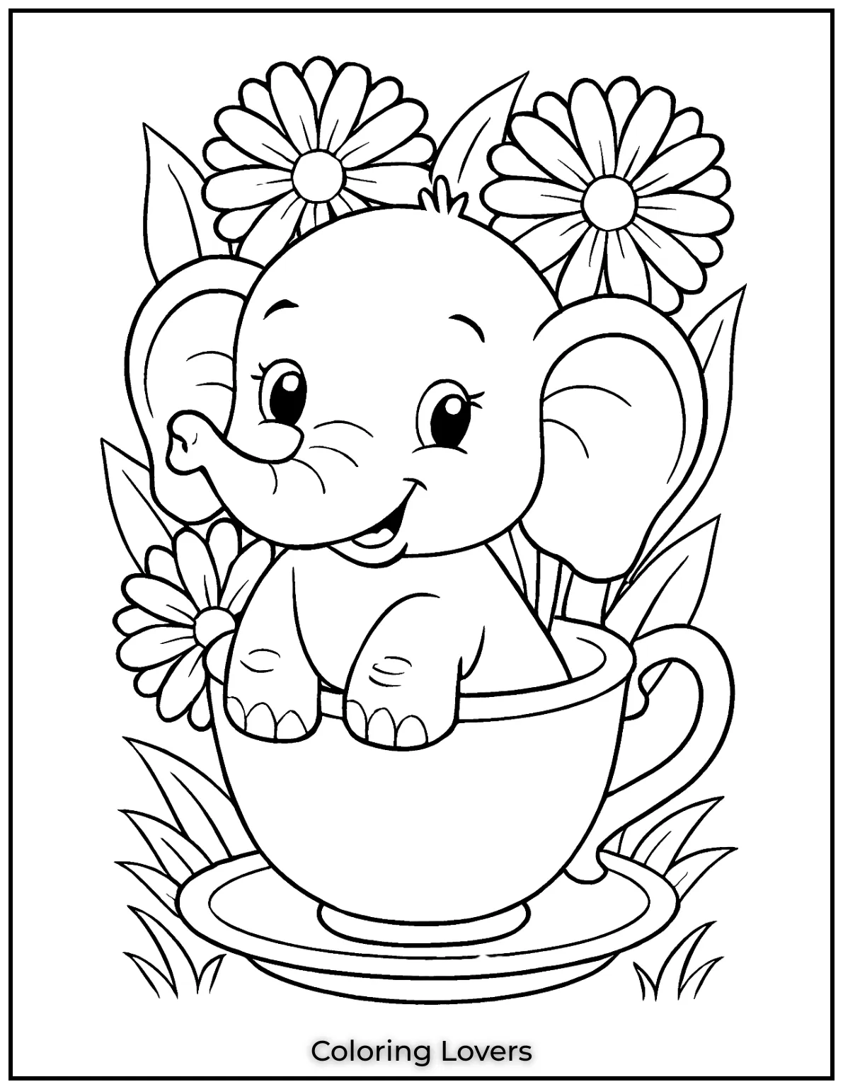 Unique Elephant Coloring Pages for Kids 37 This adorable baby elephant sitting in a teacup is such a delightful elephant coloring page 1