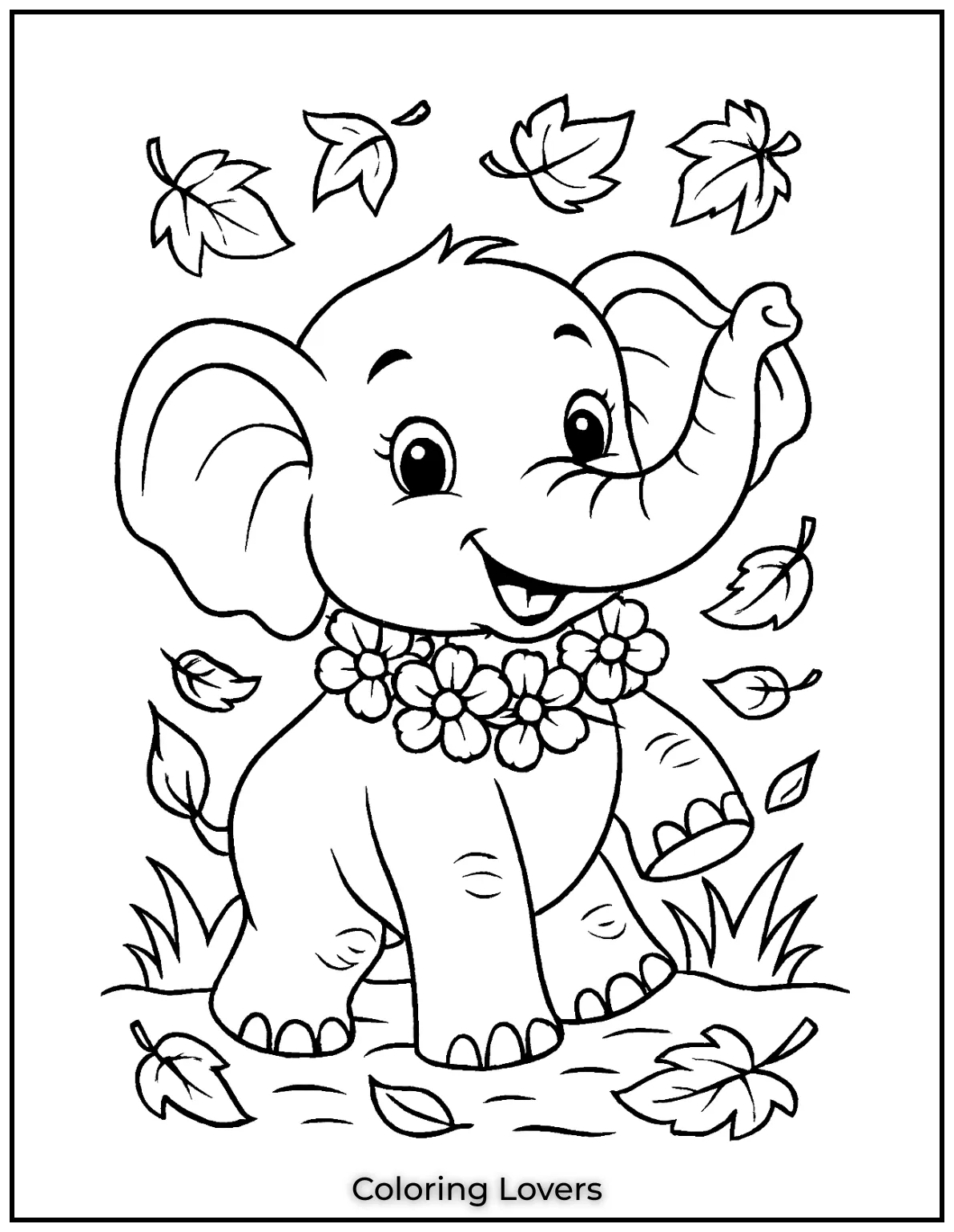Unique Elephant Coloring Pages for Kids 19 This adorable baby elephant with a flower necklace is ready for some colorful fun 1