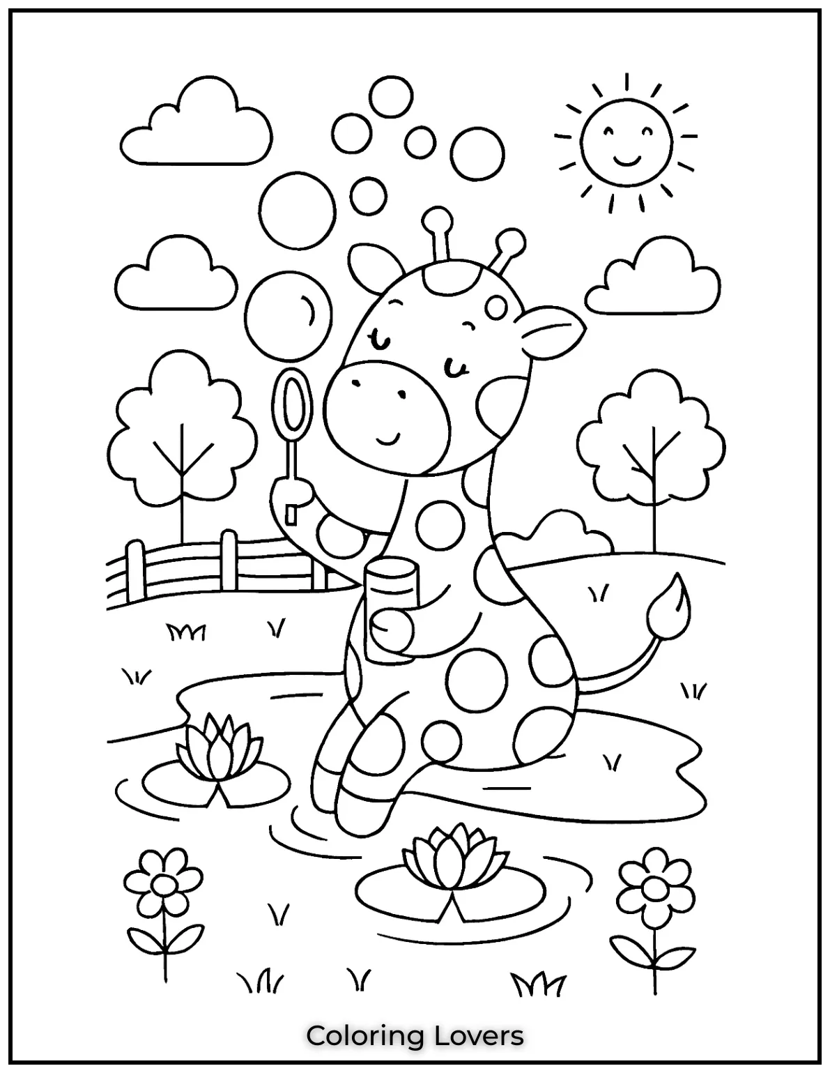 Amazing Giraffe Coloring Pages (Free Printables) 11 This adorable baby giraffe is blowing bubbles by the pond. A peaceful giraffe coloring page for everyone to enjoy