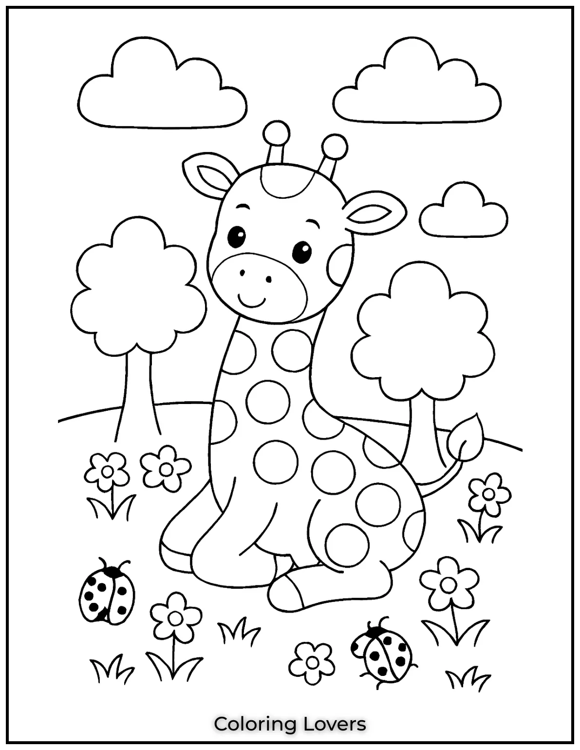 Amazing Giraffe Coloring Pages (Free Printables) 24 This adorable baby giraffe is surrounded by beautiful flowers just waiting for some bright colors