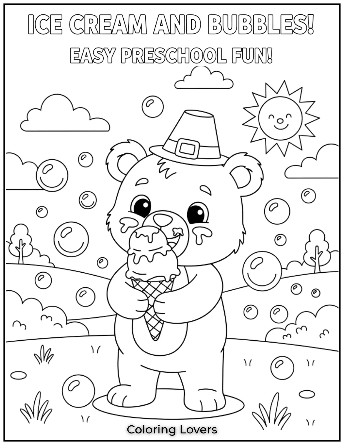 Cute and Classic Pooh Bear Coloring Pages 20 This adorable bear enjoys an ice cream while surrounded by bubbles. A easy bear coloring page for preschool