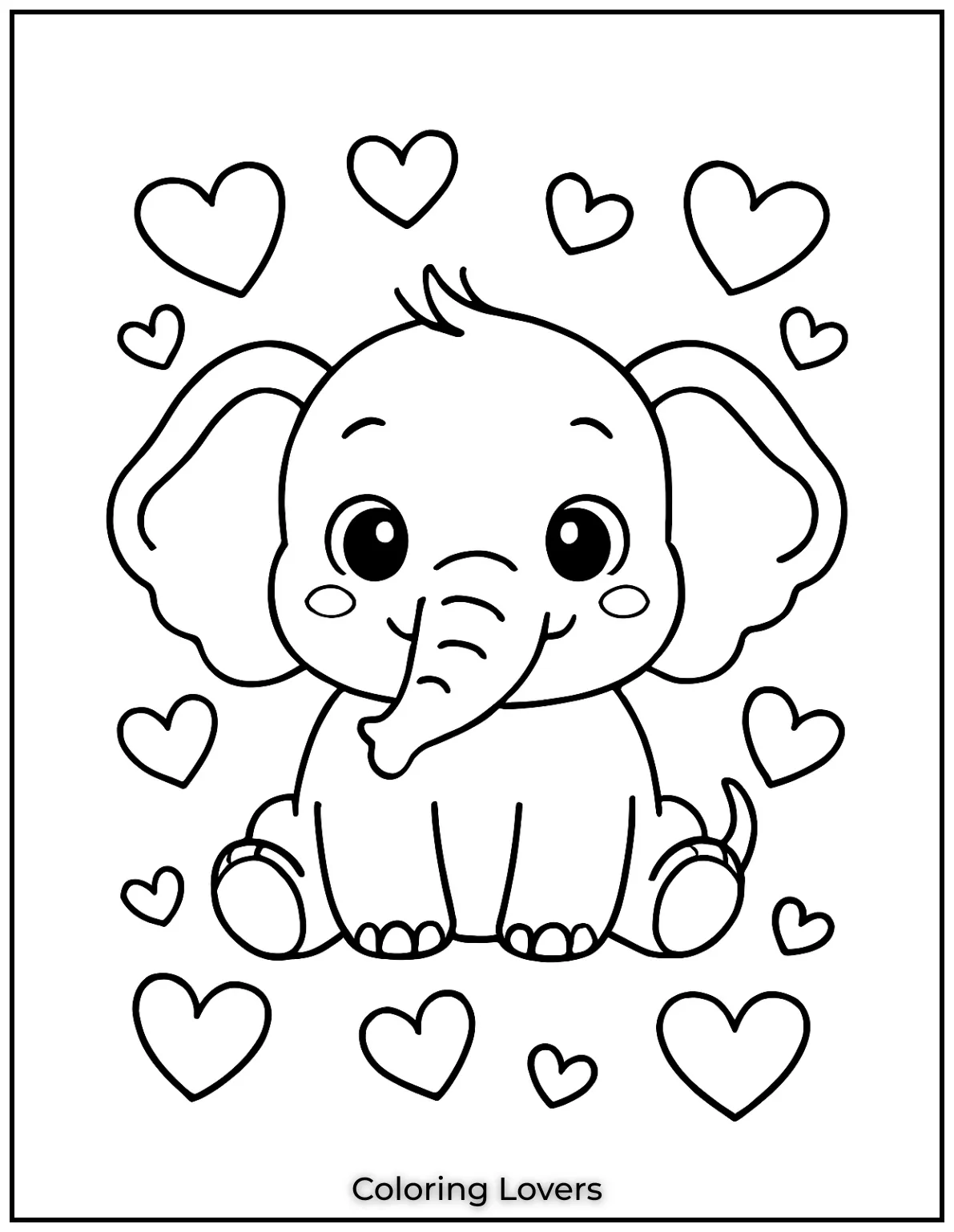 Unique Elephant Coloring Pages for Kids 3 This adorable elephant is surrounded by floating hearts making it perfect for kids who love animals and want a fun coloring activity 1