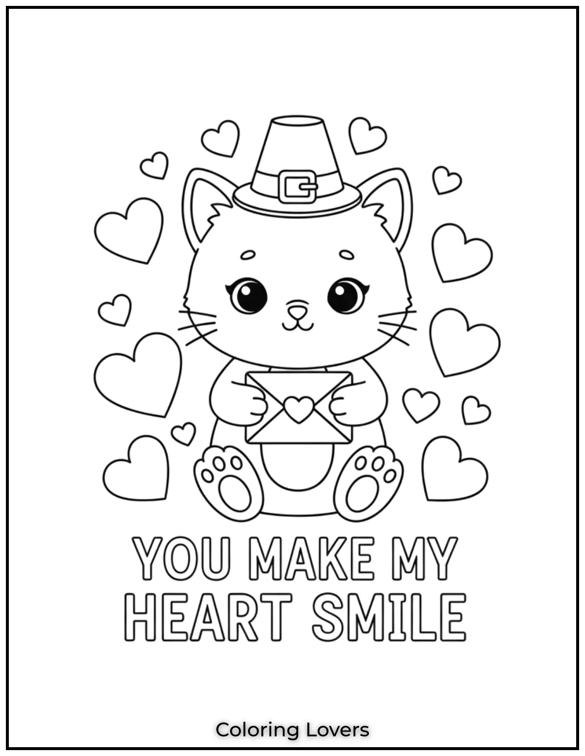 This adorable kitten holding a love letter and surrounded by hearts says it all You Make My Heart Smile